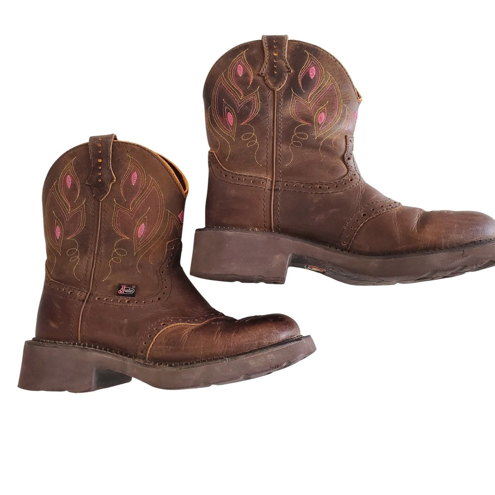 Justin Brown Leather Western Boots Pink Stitching Gypsy GY9526 Womens 7 Cowboy‎